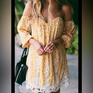 Lovers + Friends | Fairy Off Shoulder Crochet Mosaic Mustard Mini Dress